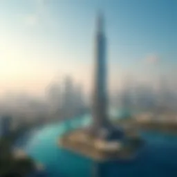 A panoramic view of Al Warsan Tower showcasing its unique architecture against the Dubai skyline.