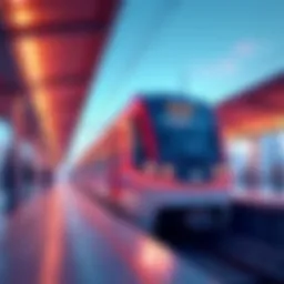 A sleek metro train of the International City Metro zooming past a vibrant station.