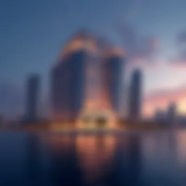 The Noor Al Safa Building illuminated at dusk, capturing its grandeur and role in Dubai's skyline.