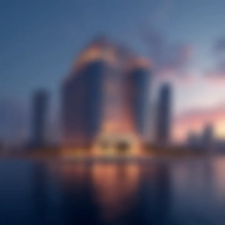 The Noor Al Safa Building illuminated at dusk, capturing its grandeur and role in Dubai's skyline.